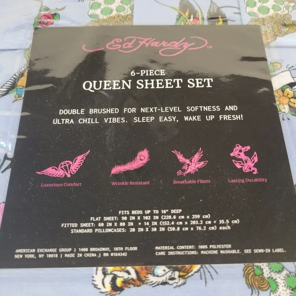 Ed Hardy QUEEN Blue Sheets Set 6pc Tattoo Foo Dog Tiger Floral Bird Heart Rose